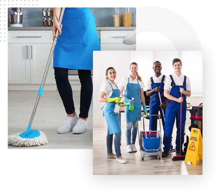 A collage of people in blue aprons providing various cleaning services.