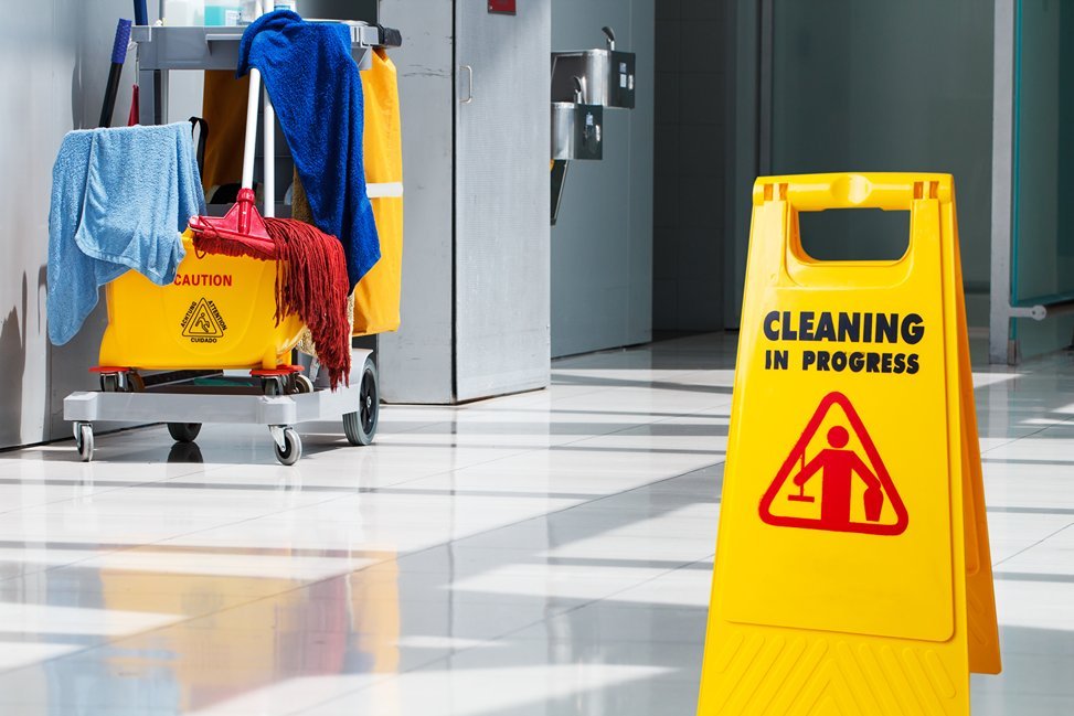 Cleaning equipment and 'Cleaning in Progress' sign in a commercial building.