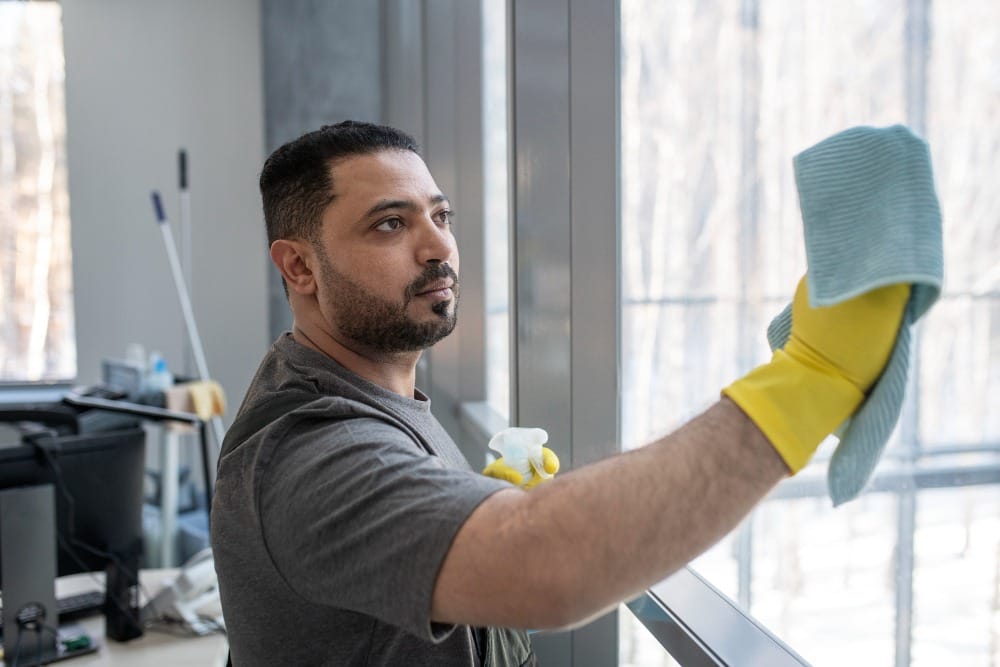 Janitorial professional cleaning an office window in Phoenix, AZ with precision and care.