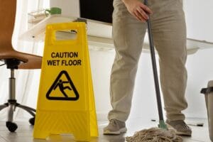 Janitorial services in Phoenix AZ with a caution wet floor sign and a worker mopping in an office space.
