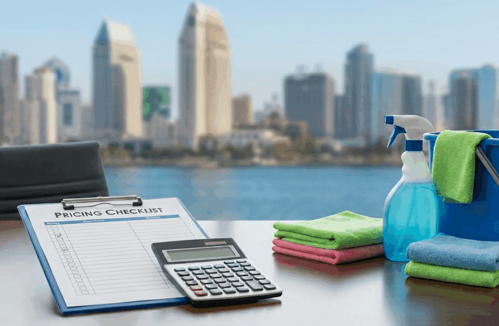 Commercial cleaning pricing checklist with calculator and supplies on office desk, San Diego skyline in background
