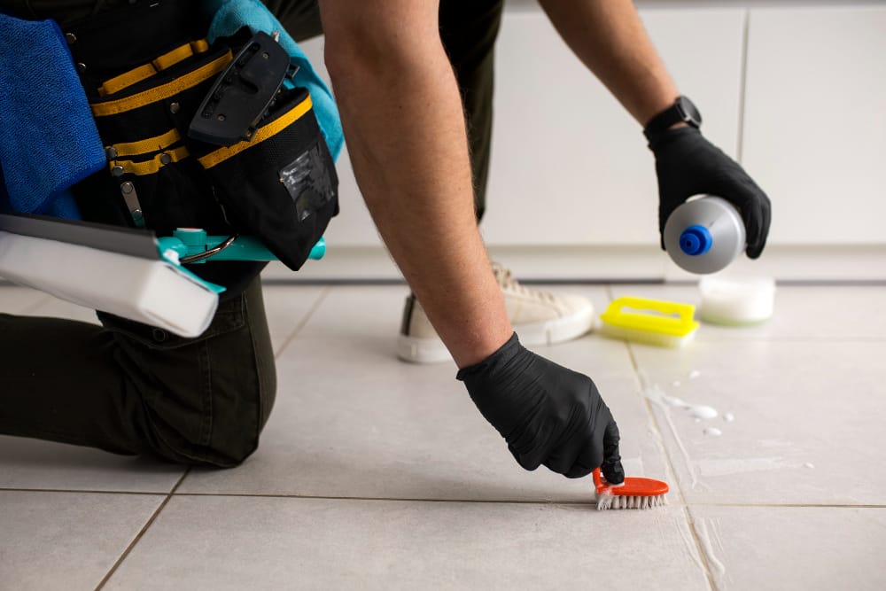 Cleaning technician scrubbing tile and grout on a kitchen floor in Portland