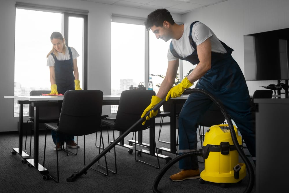 Commercial cleaning team vacuuming and wiping desks in a Portland office