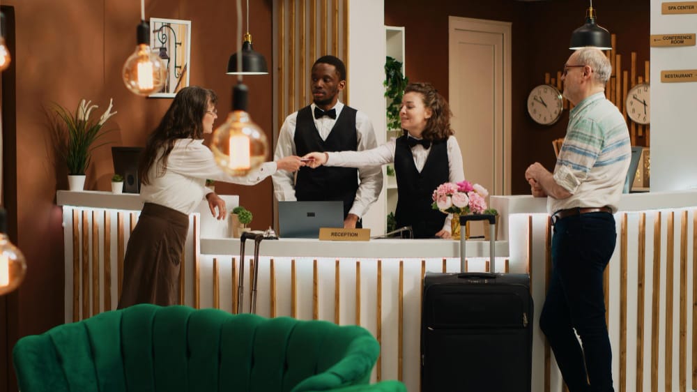 Hotel cleaning services in Miami FL — spotless lobby and front desk area during guest check-in with concierge staff