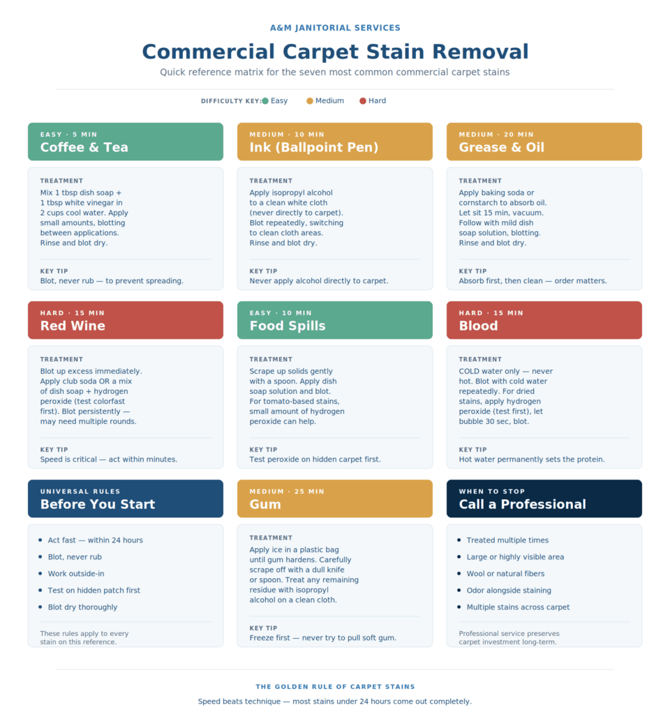 Commercial carpet stain removal matrix with 7 common stains color-coded by difficulty, treatments and time estimates