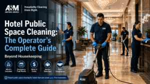 Hotel public space cleaning team maintaining a luxury hotel lobby beyond traditional housekeeping services