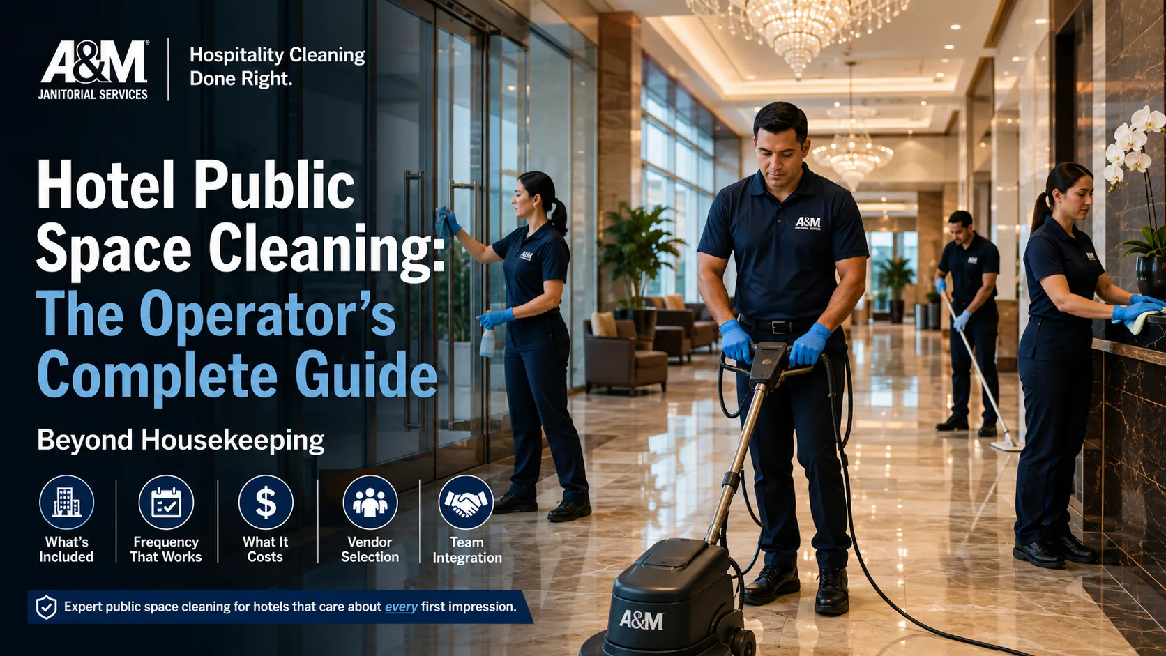 Hotel public space cleaning team maintaining a luxury hotel lobby beyond traditional housekeeping services