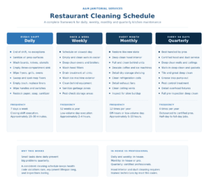 Restaurant cleaning schedule showing daily, weekly, monthly and quarterly kitchen maintenance tasks