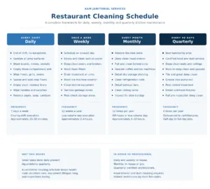 Restaurant cleaning schedule showing daily, weekly, monthly and quarterly kitchen maintenance tasks